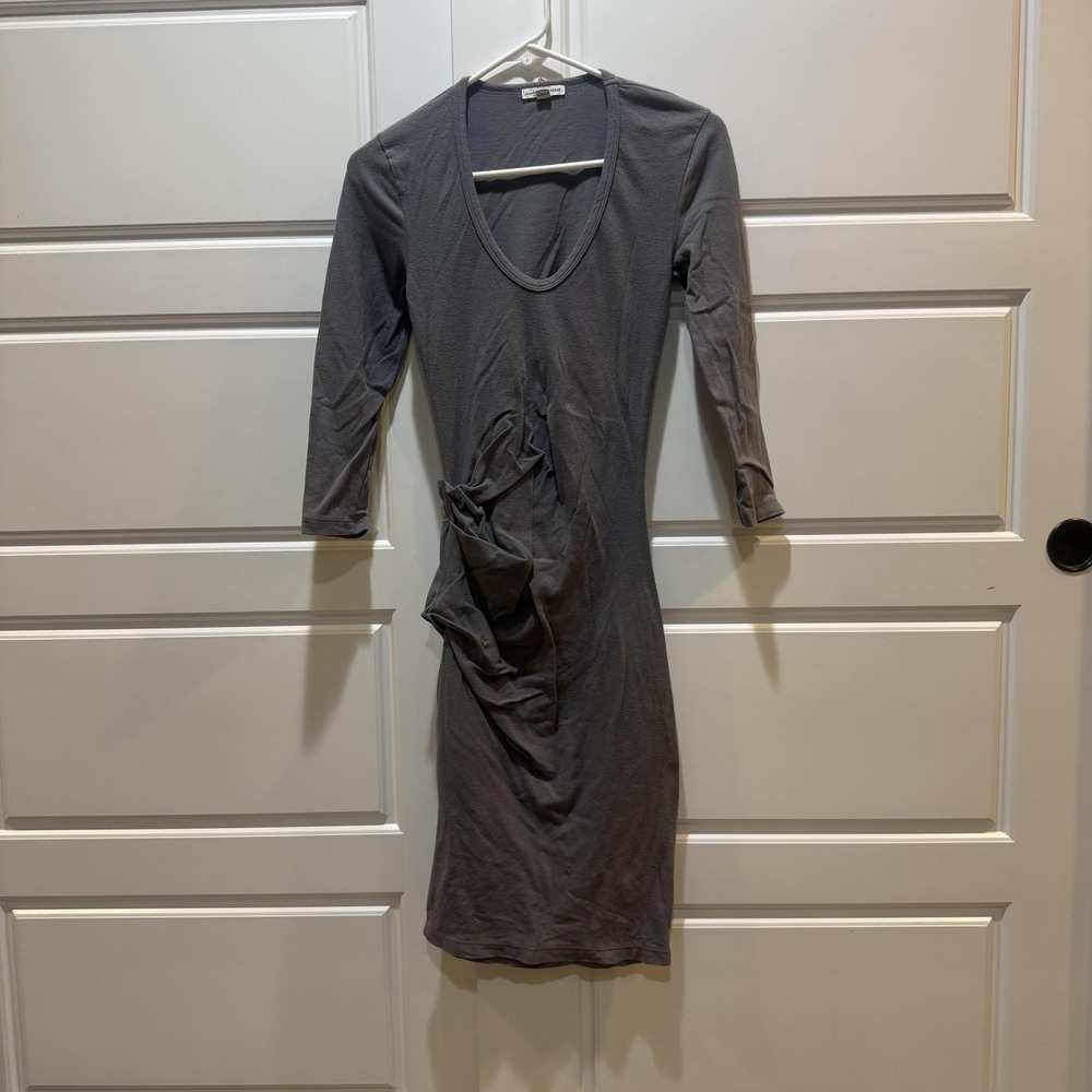 James Perse Dress Womens Size 1 Gray Ruched Bodycon 3/4 Sleeve Scoop Neck Jersey